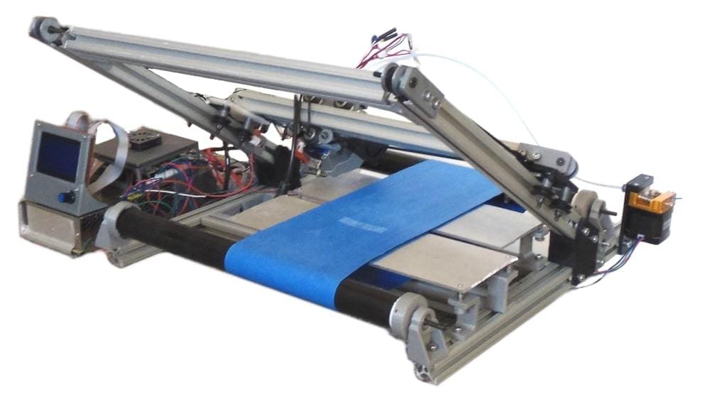Belt 3D printers typically have a tilted X- and Y-axis
