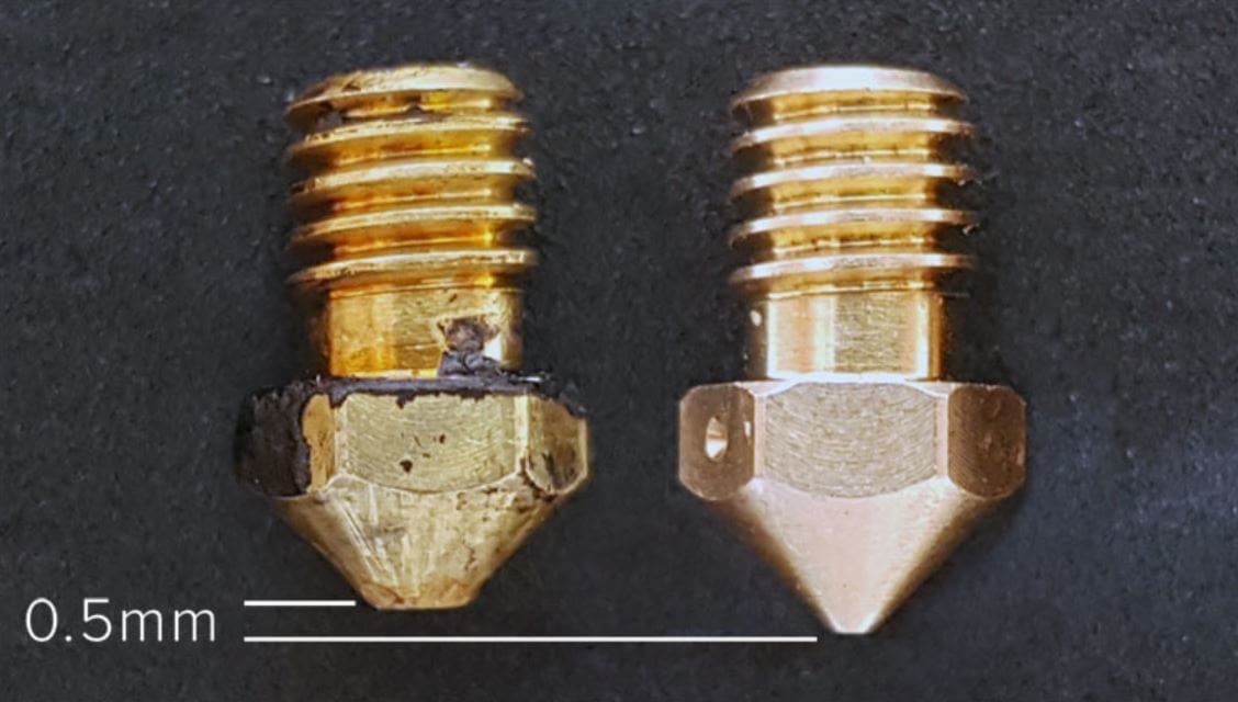 Brass nozzles can suffer severe deformations when used to print abrasive materials