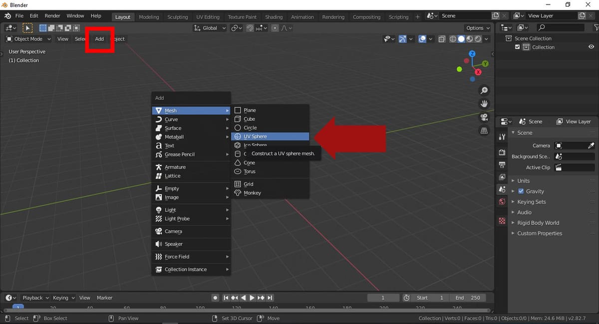 Quickly access the Add menu with Shift+A and create your first sphere