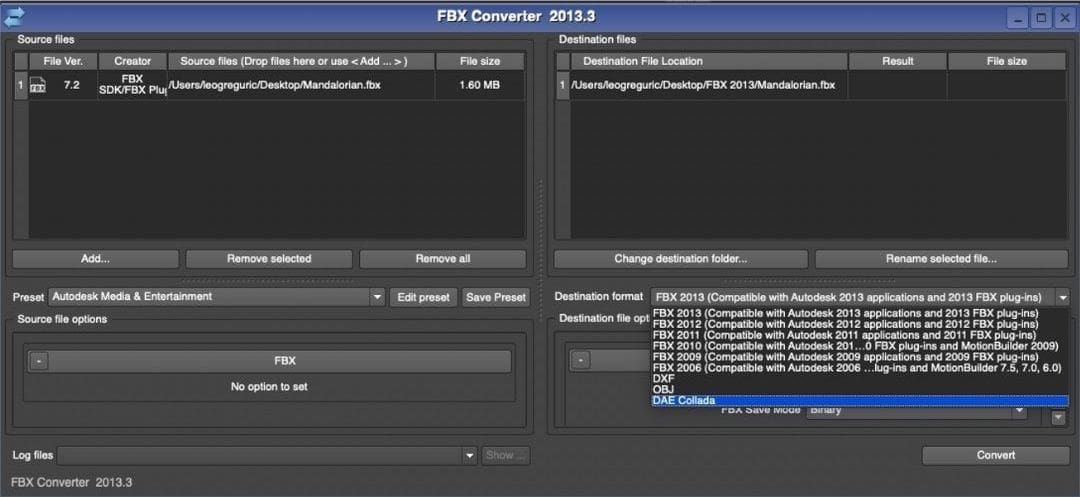 Easily convert DAE to FBX, DXF, or OBJ
