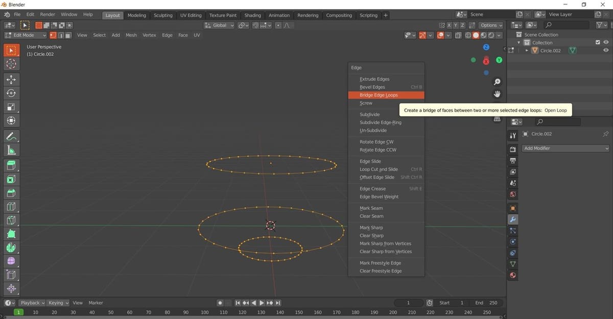 The Bridge Edge loops is present in the Edge Menu