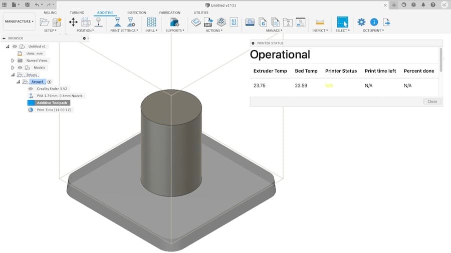 The add-in has a small interface, including a basic 3D printer status monitoring window