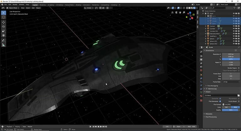 A spaceship model created in Blender with NURBs surfaces