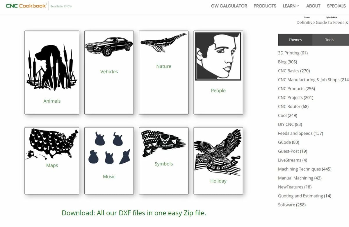 CNC Cookbook splits up the available DXF models into categories