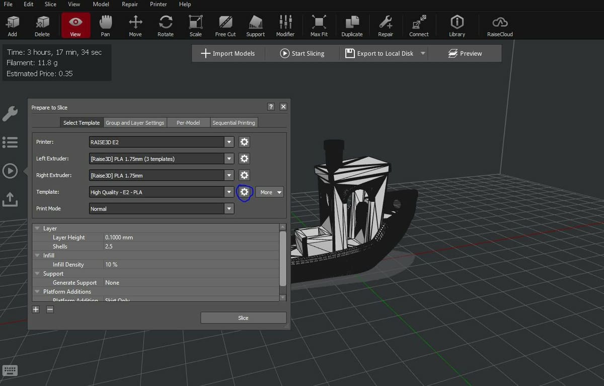The slicer settings pop-up screen