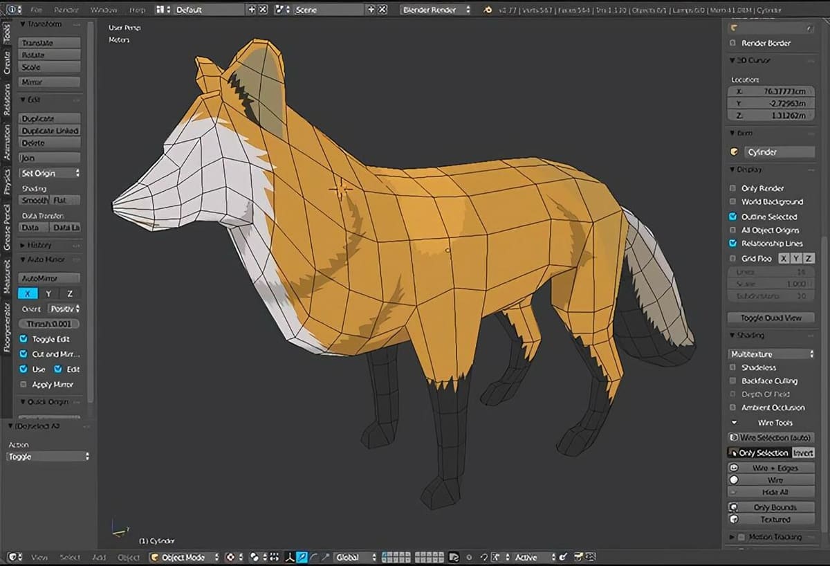 Visualizing a fox and its underlying skeleton in Blender