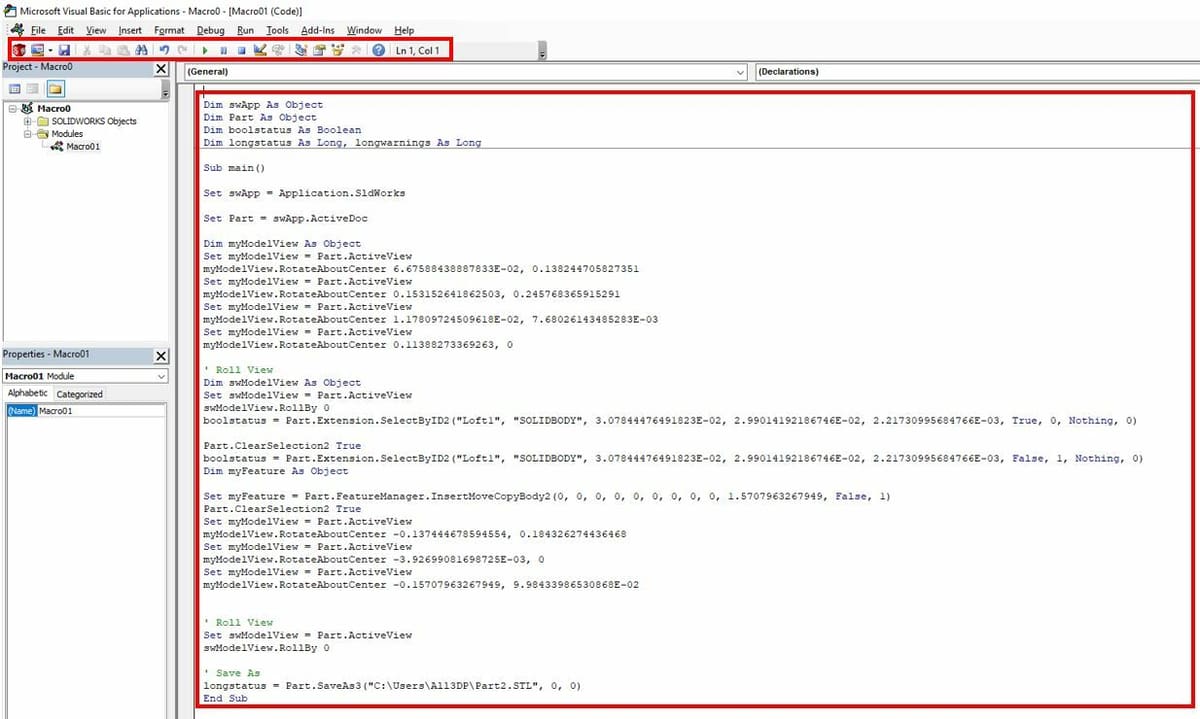 The macro editor environment with the code editor window and the command line marked in red