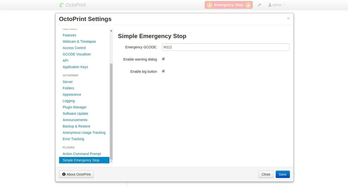 You can set what G-code is triggered by the emergency stop button