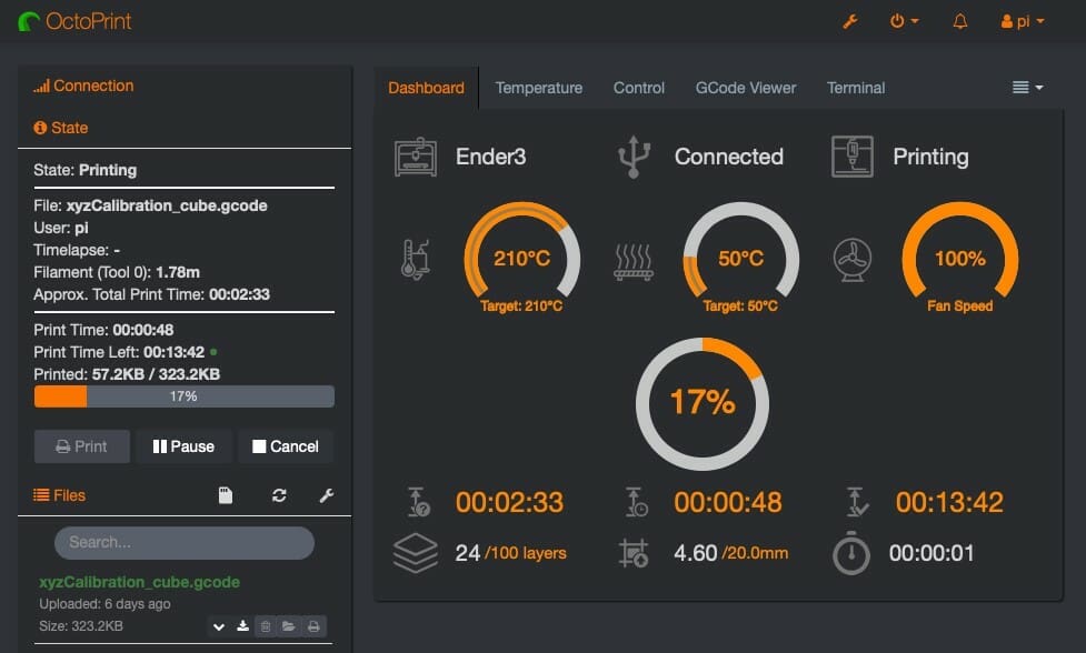 A sample OctoPrint Dashboard setup