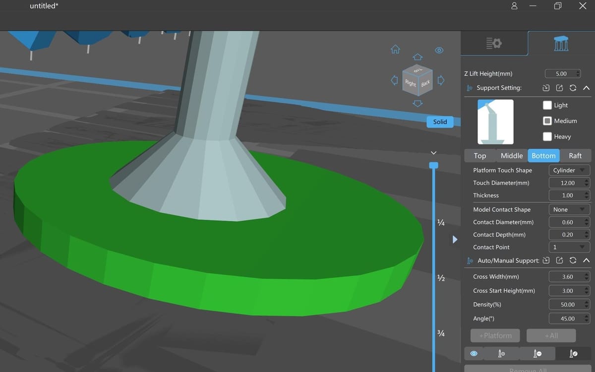 Tweaking the Bottom support settings can reduce resin waste