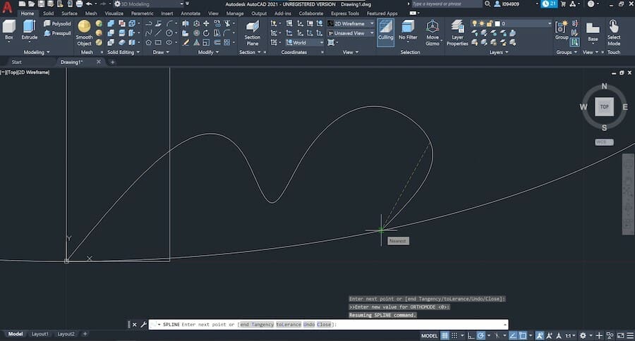 To draw a spline, enter several points in form of distance and angle one at a time