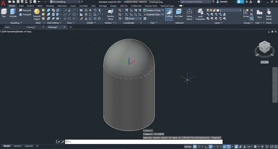 A sphere and cylinder easily created with its own tools