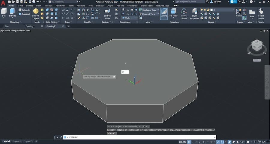 The extrude feature will create a solid body from a closed 2D shape