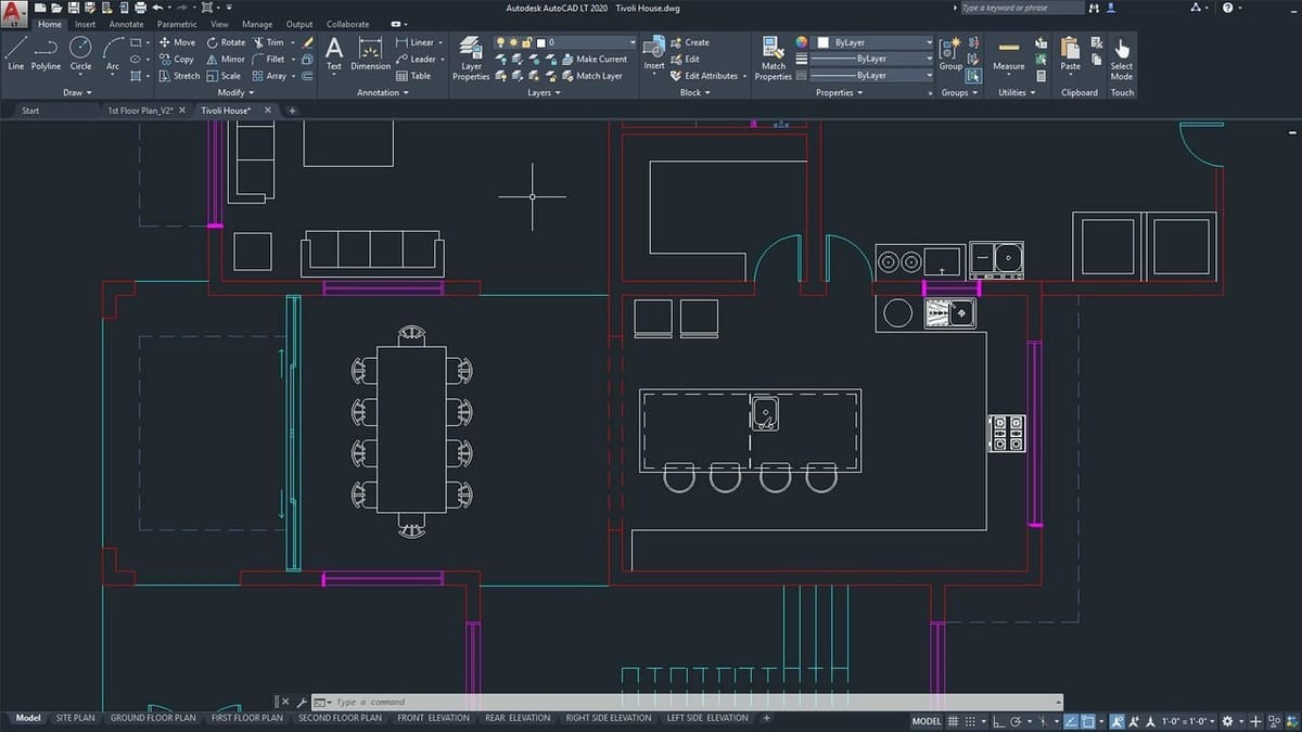 Points can be used to precisely place blocks, as with the furniture in this floor plan