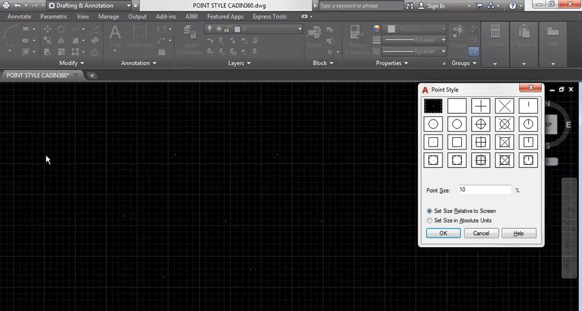 The point style dialog box