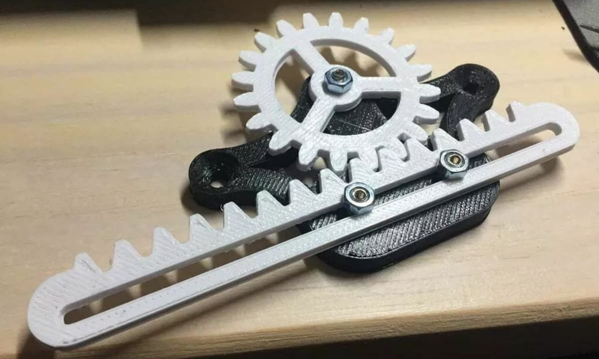 The rack moves along one axis as the gear rotates
