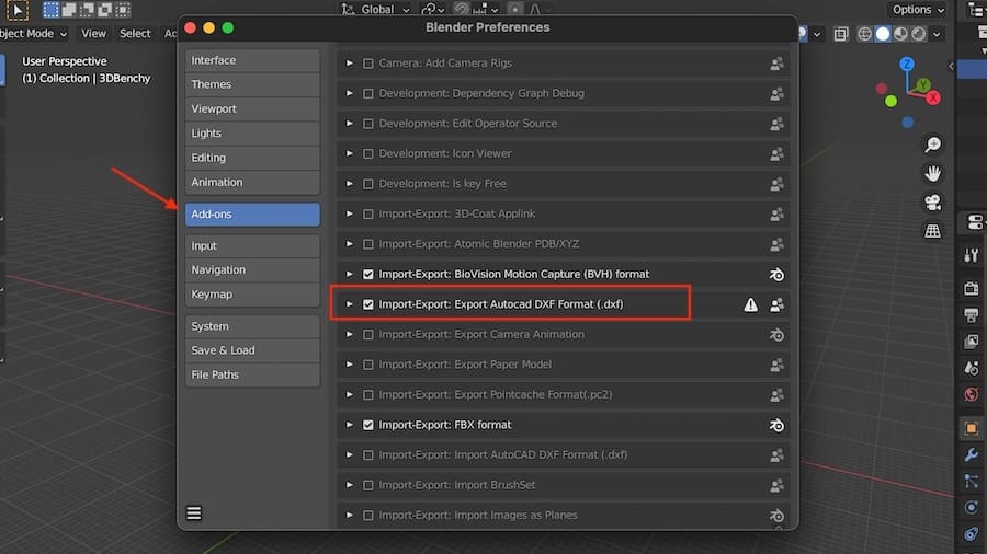 Activate the DXF add-on to export in this format with Blender