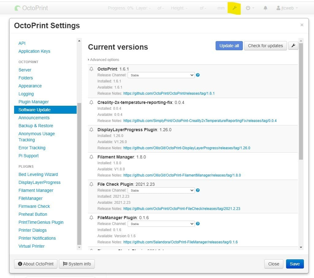Updating OctoPrint is crucial before adding any plug-ins