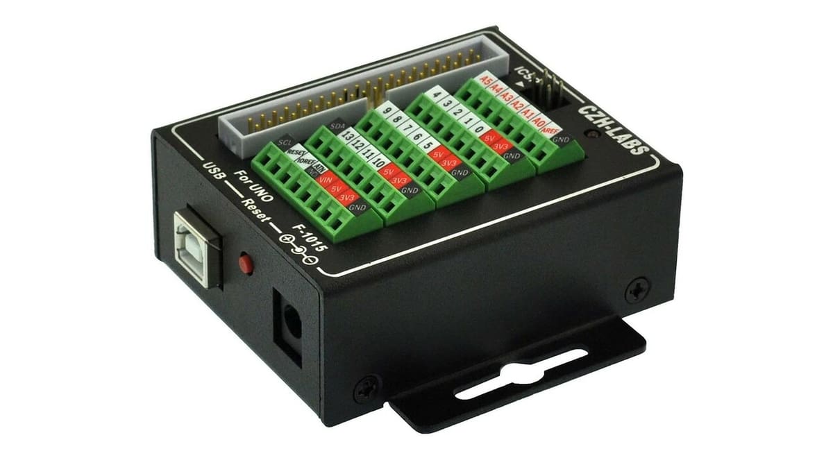 A terminal block breakout module enclosure for the Arduino Uno