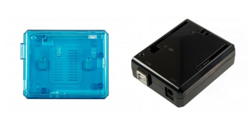 The official Arduino Uno case comes in blue, black, and clear (not pictured)