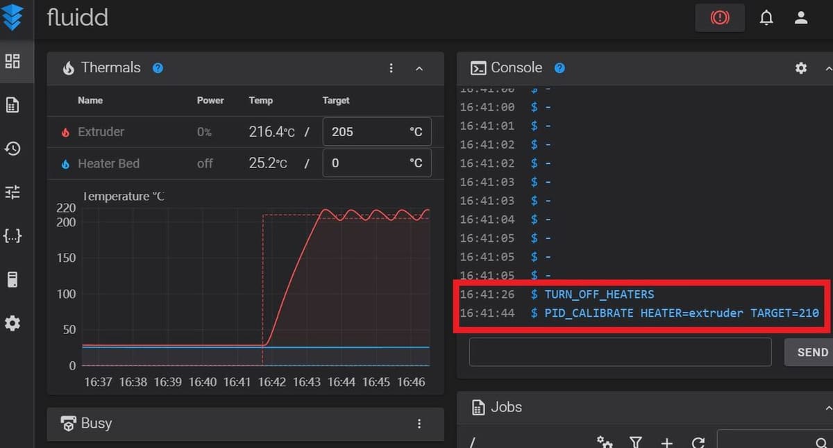 After turning off the heaters, send the PID calibration command with your target temperature
