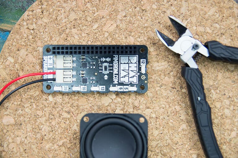 The wires of the speaker are inserted into the terminals of the pHAT Beat