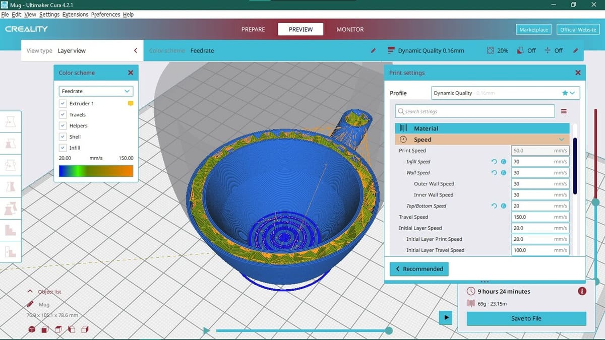 The Creality Slicer lets you view the speed of the nozzle in various sections of the print
