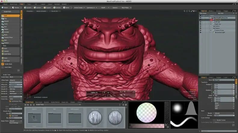 In Modo, creating models is a combination of polygon modeling, sculpting, and procedural modeling