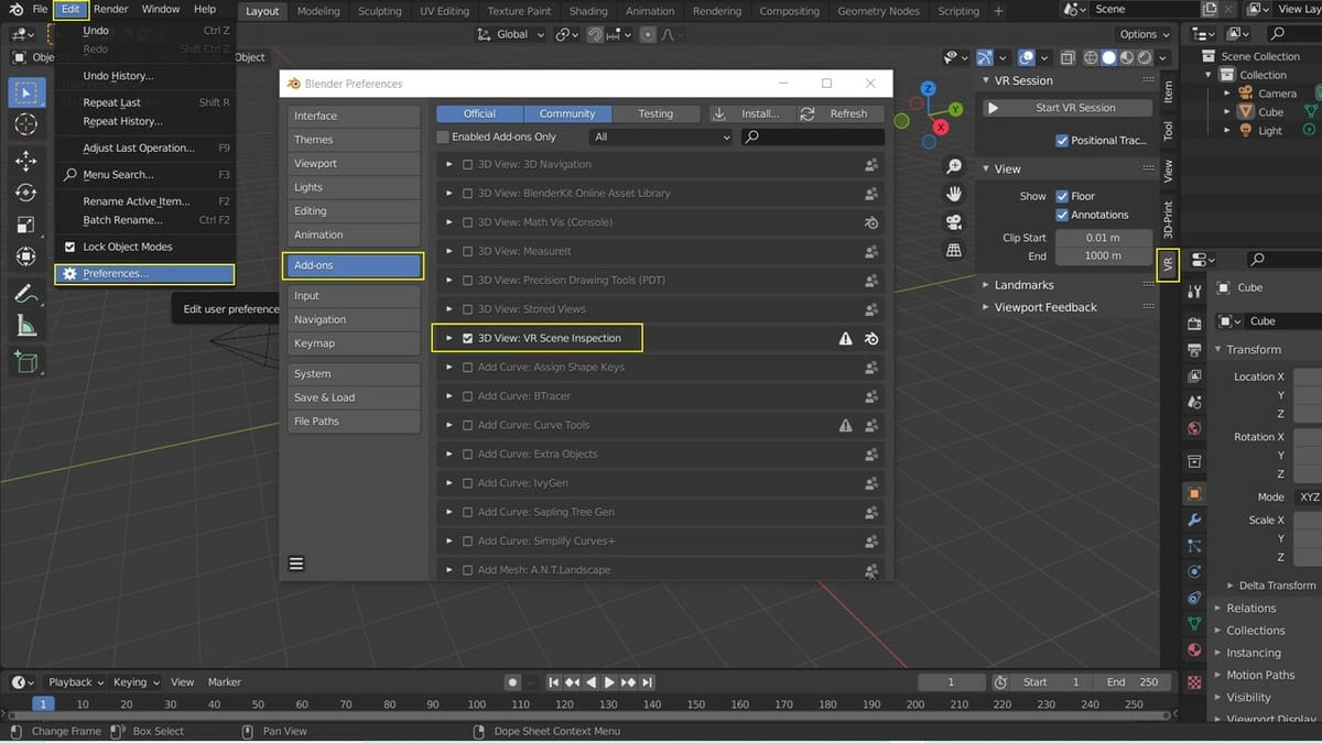 Enabling the VR Scene Inspection add-on