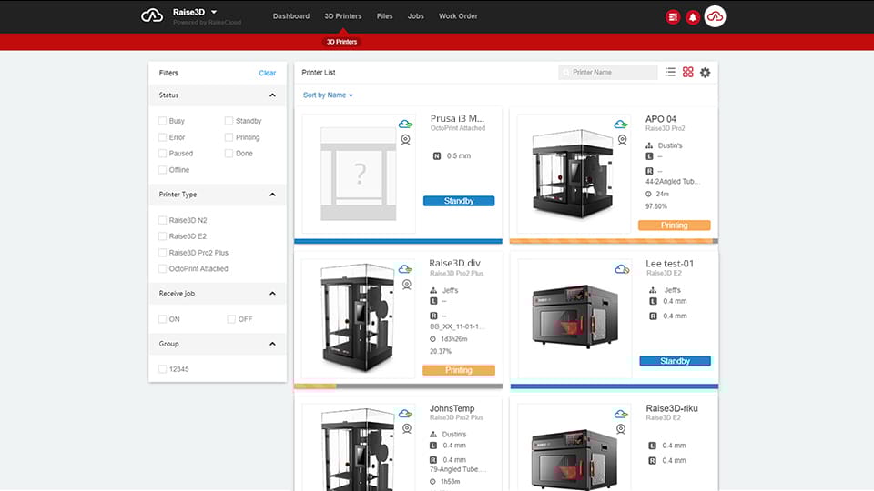 RaiseCloud's printer overview, featuring at-a-glance information tiles