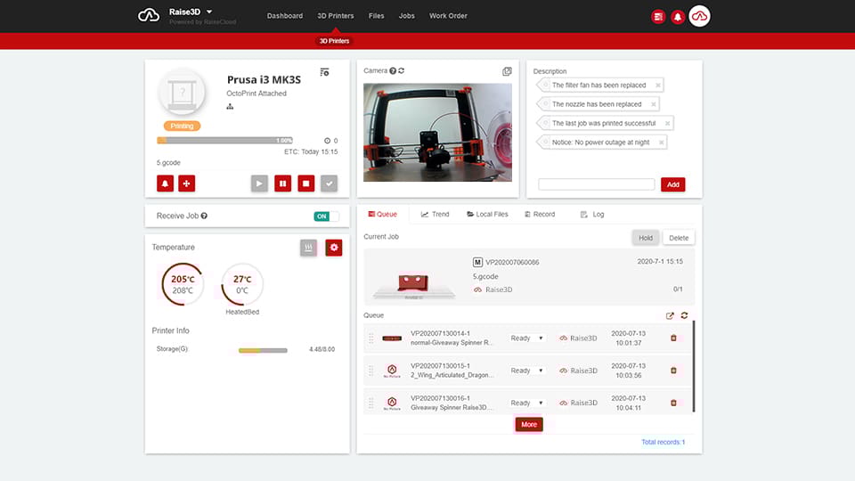 RaiseCloud's detailed printer view, featuring live sensor readouts and setting adjustments