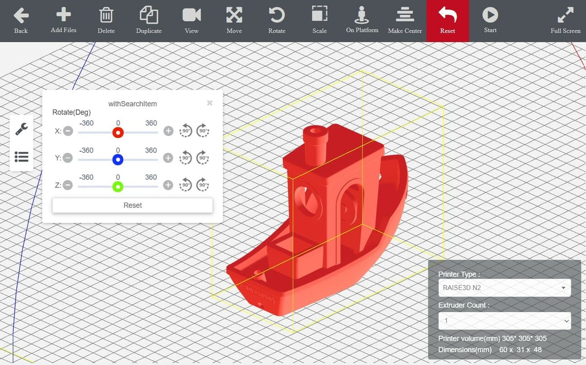 RaiseCloud's built-in slicer interface