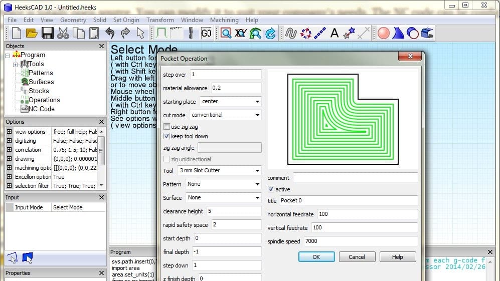 The main interface of HeeksCNC