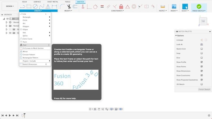 The plain text feature can only be acessed while in an active sketch