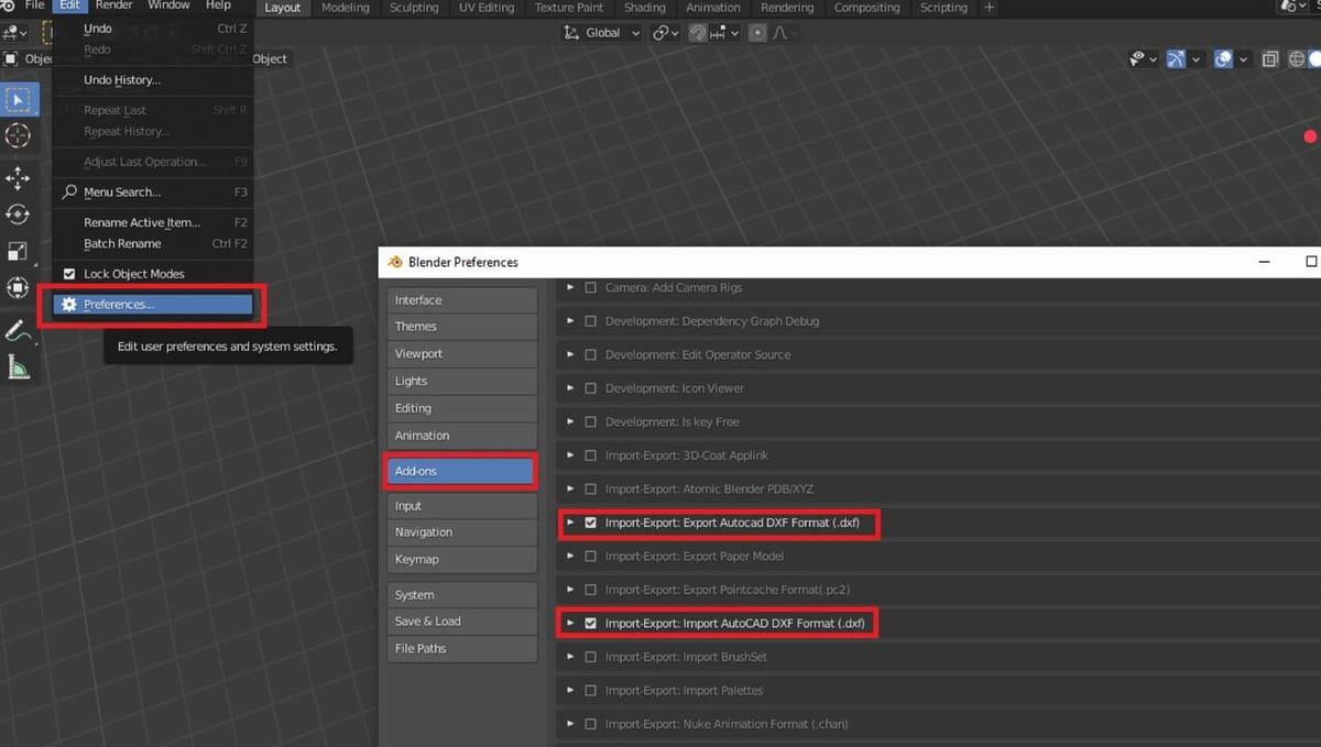 To enable Blender support for DXF files, activate the necessary add-ons