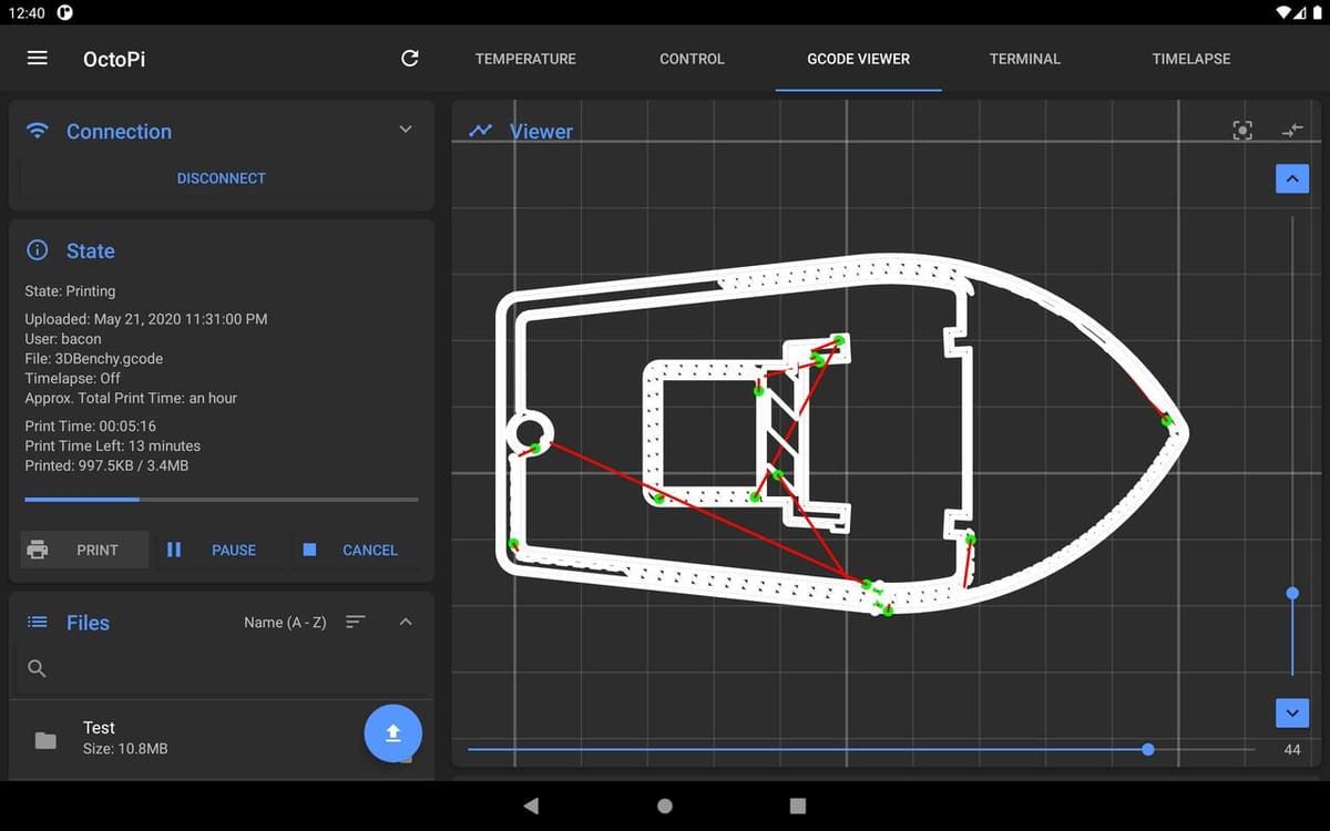 The in-app G-code viewer provides a live feed of the 3D print in progress