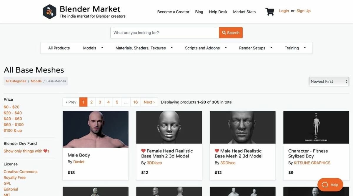 There are more than 300 base meshes available on Blender Market