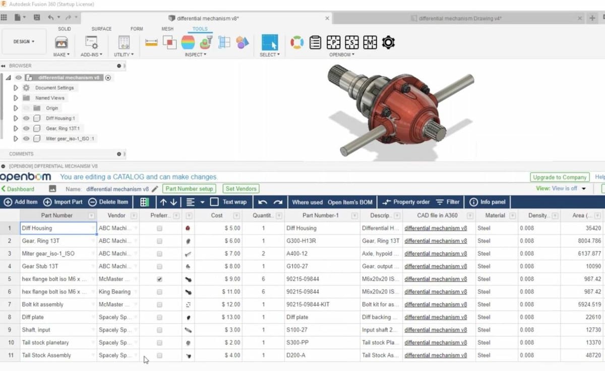 The OpenBOM plug-in logs the parts needed to build an assembly
