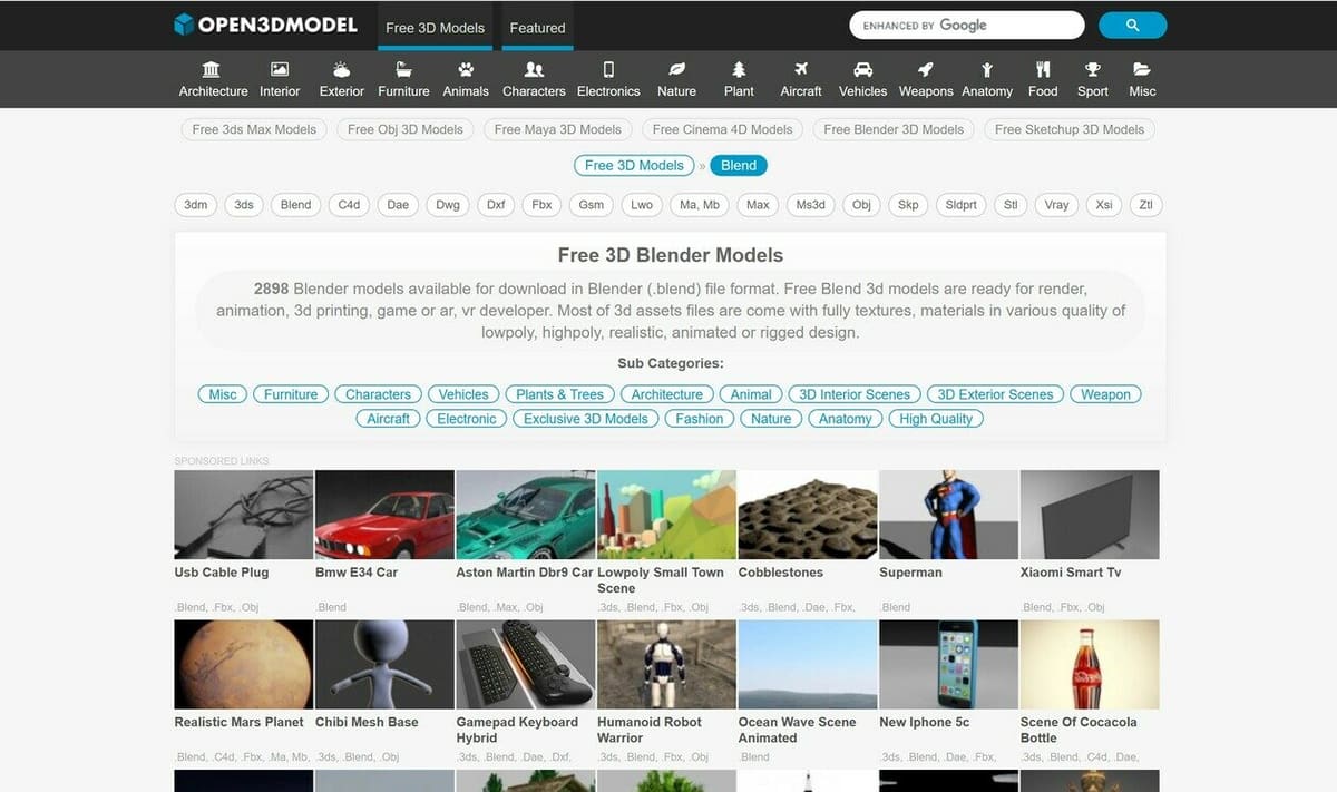 Open3dModel has thousands of free models in multiple file formats