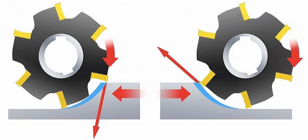 The two types of milling: climb milling (left) and conventional milling (right)