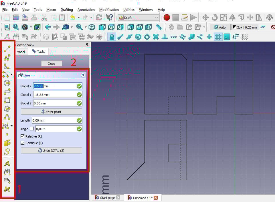 Views of an object created using lines and squares in FreeCAD