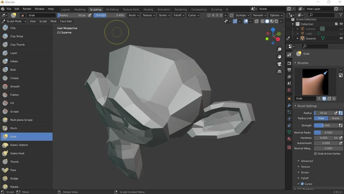 Sculpting programs, like Blender, offer different brushes to modify a base object