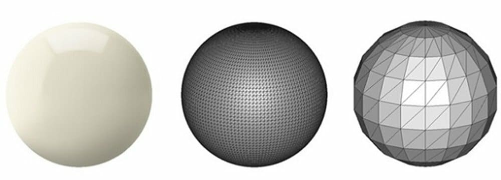 Visualizations of a CAD file (left) and STL meshes (center and right)