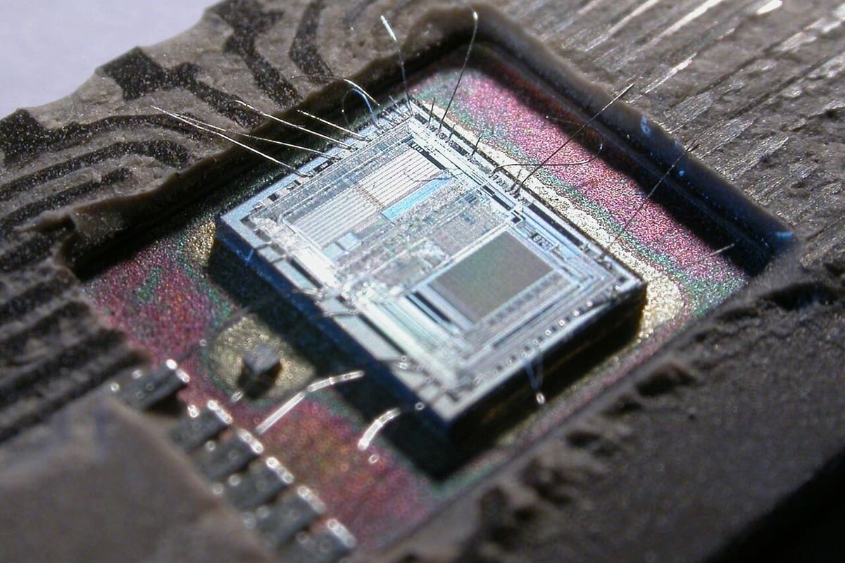 The Intel 8742 showing all the tiny computing elements on a single chip