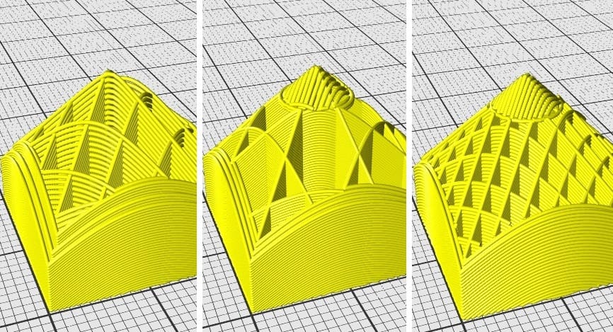 Slicing in Slic3er (left), PrusaSlicer (center), and Cura (right)