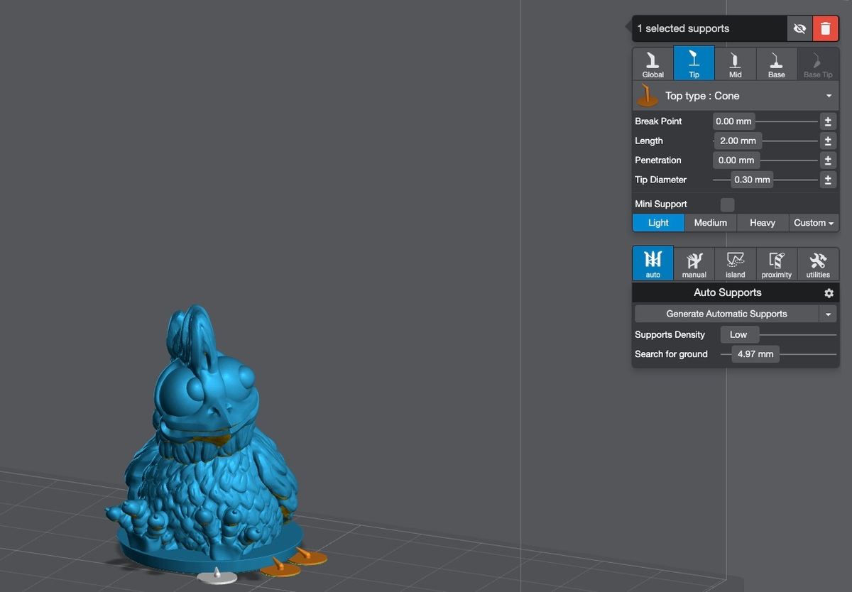 The support settings are a key step in resin slicing