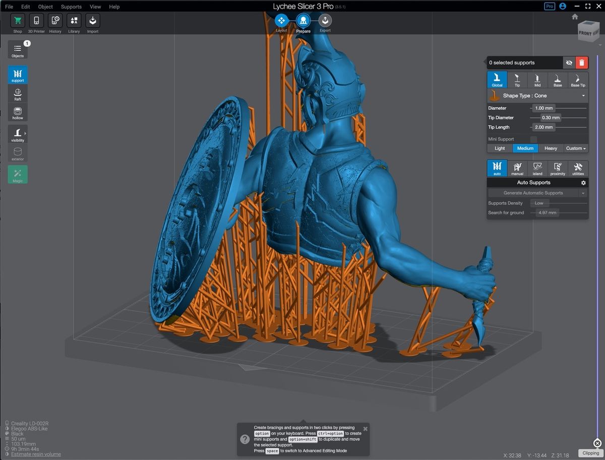 Hitting the Magic button will automatically orient your model and generate a raft and supports, if needed