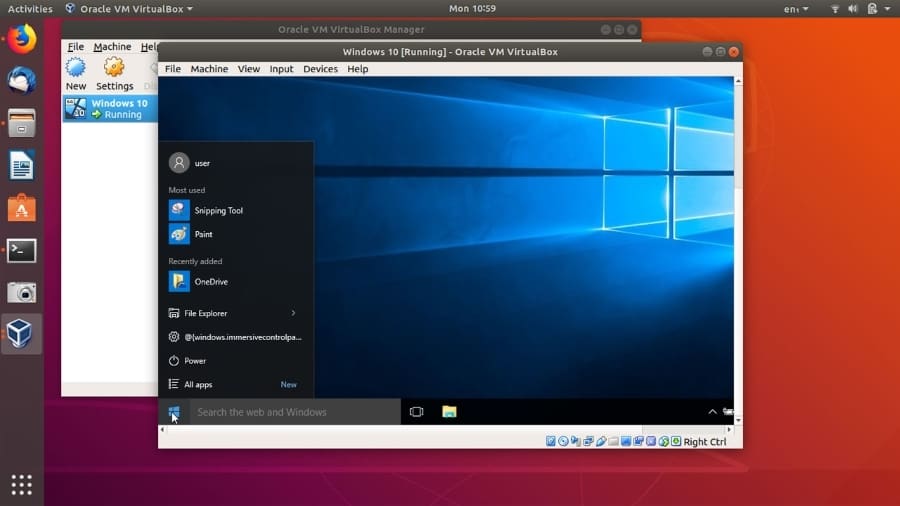 A VM (VirtualBox) with Windows 10 installed and running on Ubuntu