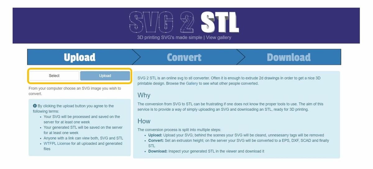 SVG2STL upload page with buttons highlighted