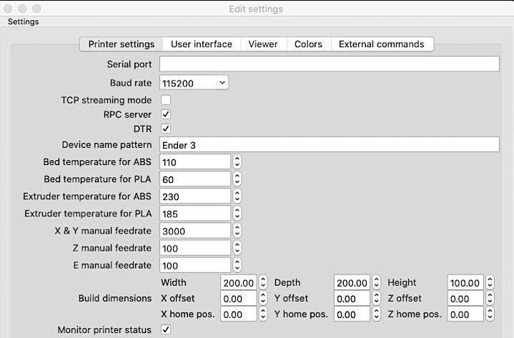 Part of the Pronterface setup menus